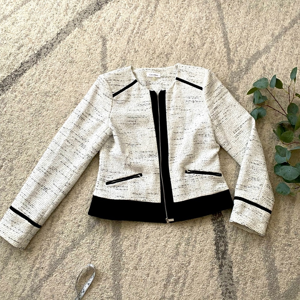 •CALVIN KLEIN• Size 10 Tweed Black White Blazer Business Jacket